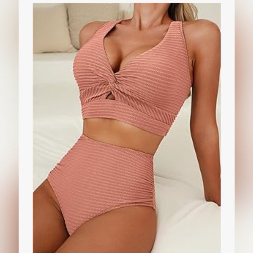 Ribbed Pink Bikini Set Size Large L - Picture 3 of 8